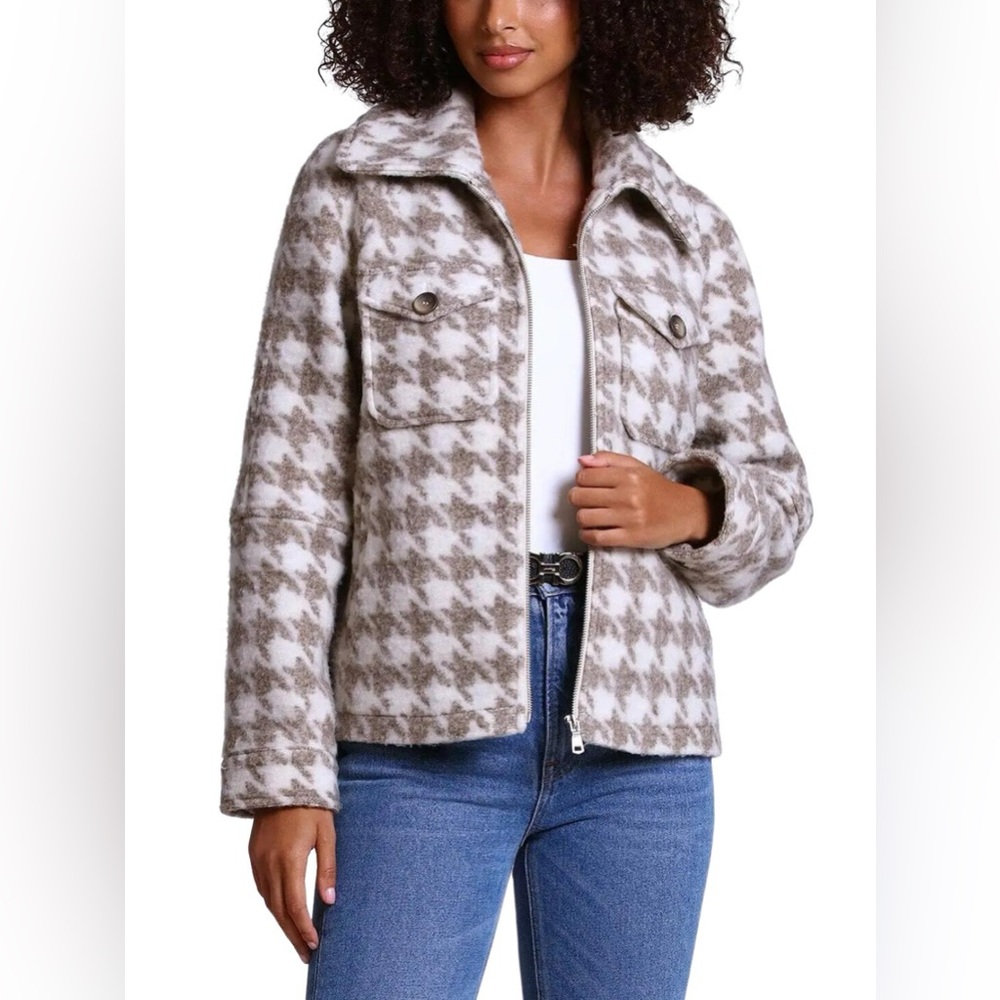 NWT Avec Les Filles Houndstooth Printed Long Sleeve Zip-Front Shacket, Small